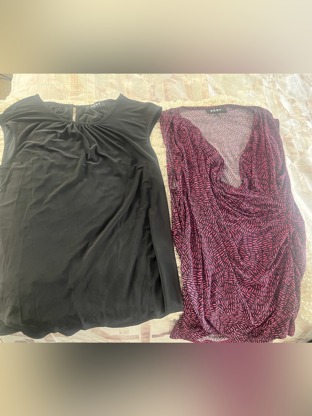 Two DKNY Sleeveless Workwear Tops; one Black & one Black w/ Magenta Pattern
